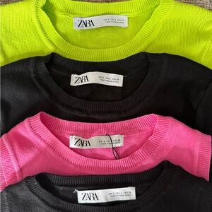 4 Tops: Zara Pink, Black, and Green Crop Tops